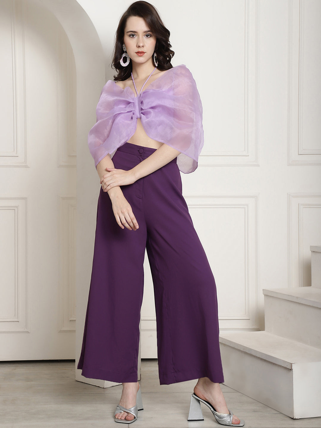 Blanc9 Bow Halter Neck Top In Organza With Trouser-B9ST136