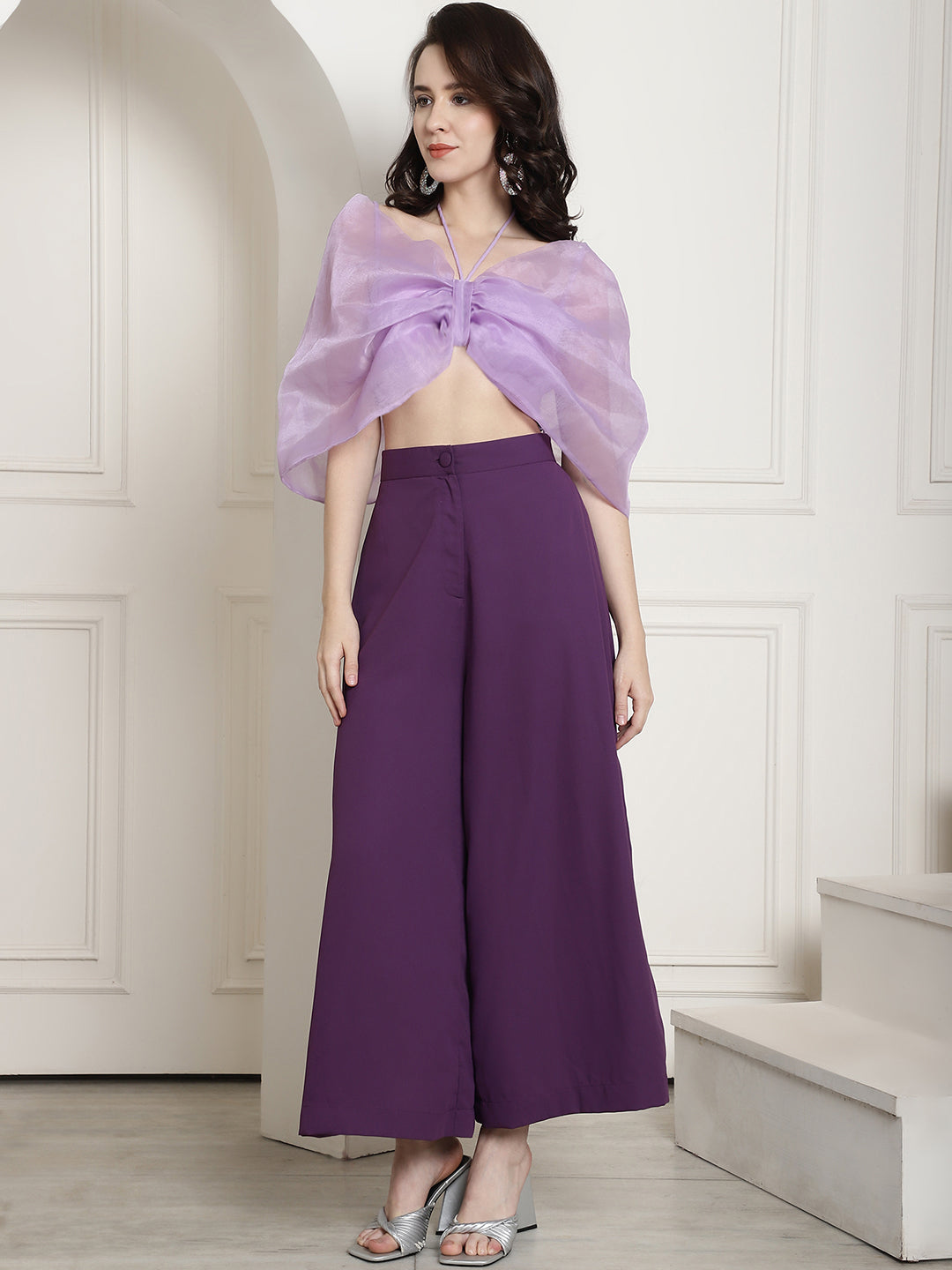 Blanc9 Bow Halter Neck Top In Organza With Trouser-B9ST136
