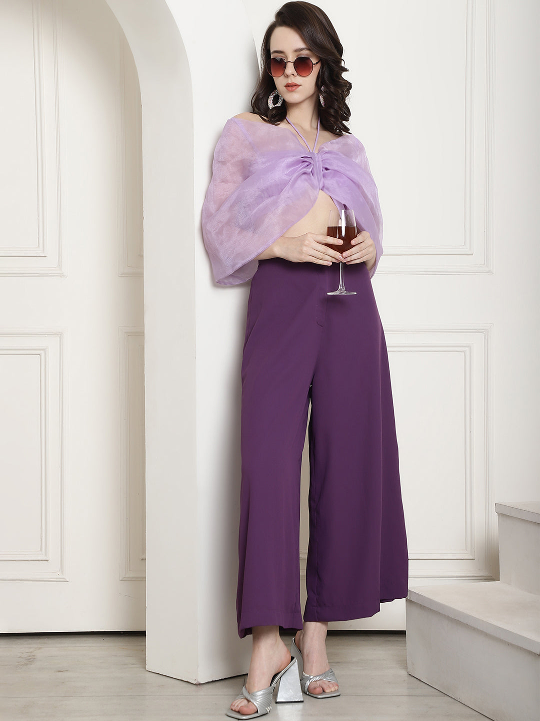 Blanc9 Bow Halter Neck Top In Organza With Trouser-B9ST136