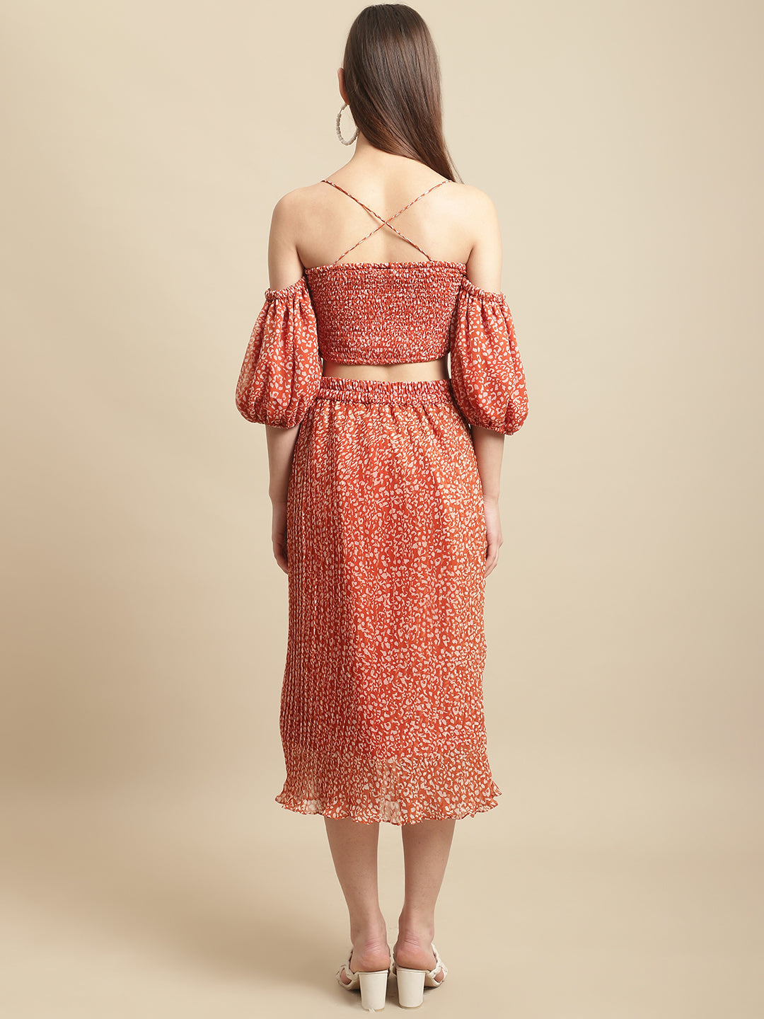 Blanc9 Brown Pleated Skirt With Off-Shoulder Top