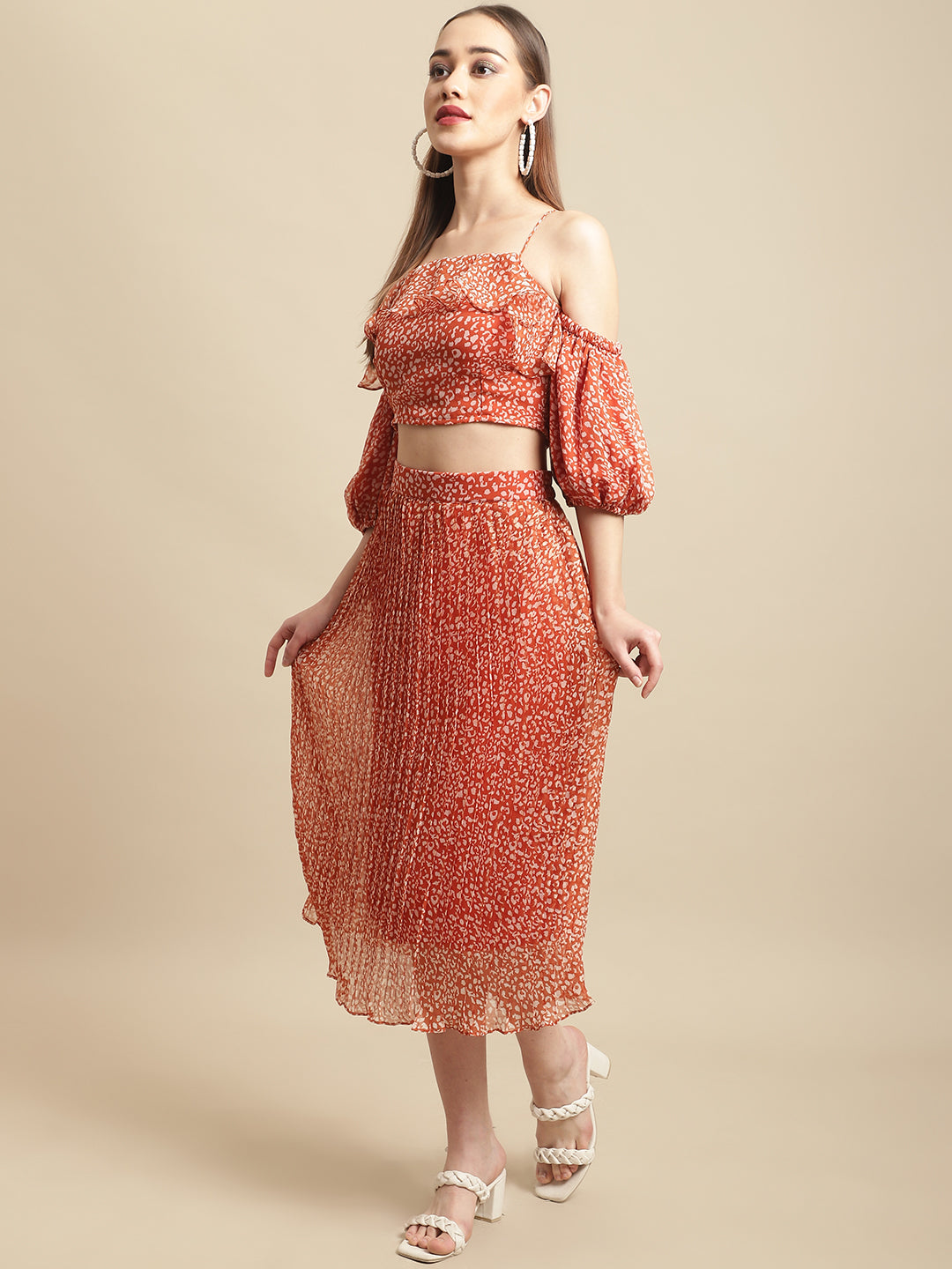 Blanc9 Brown Pleated Skirt With Off-Shoulder Top