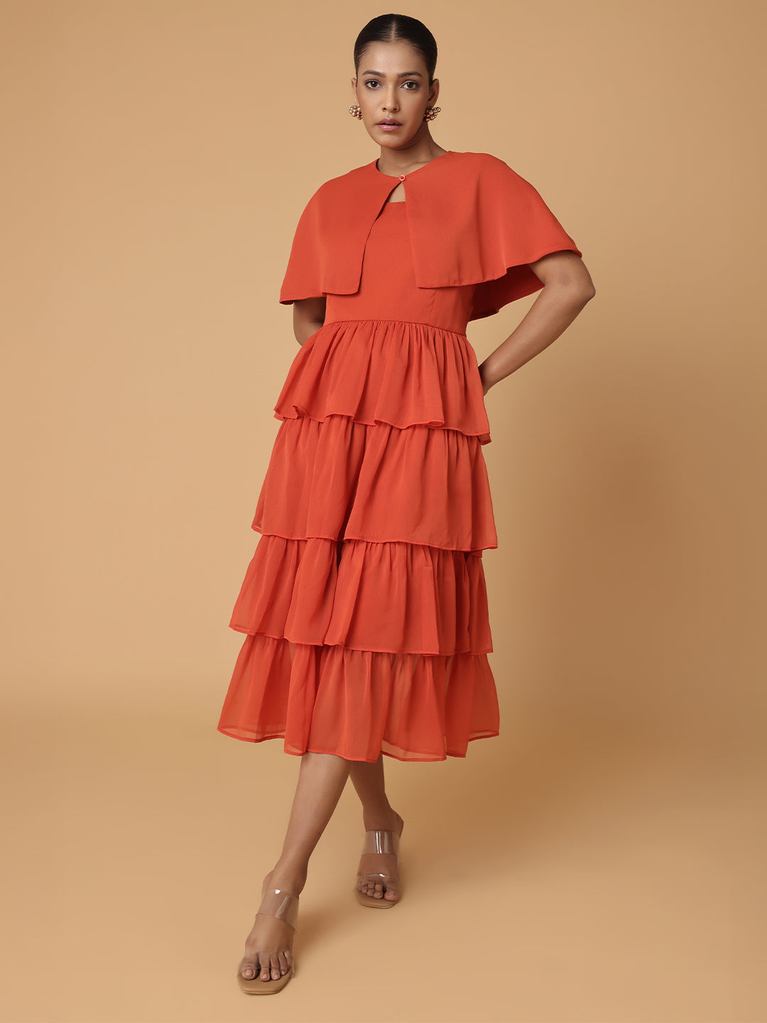 Burnt Orange Tiered Dress With Cape