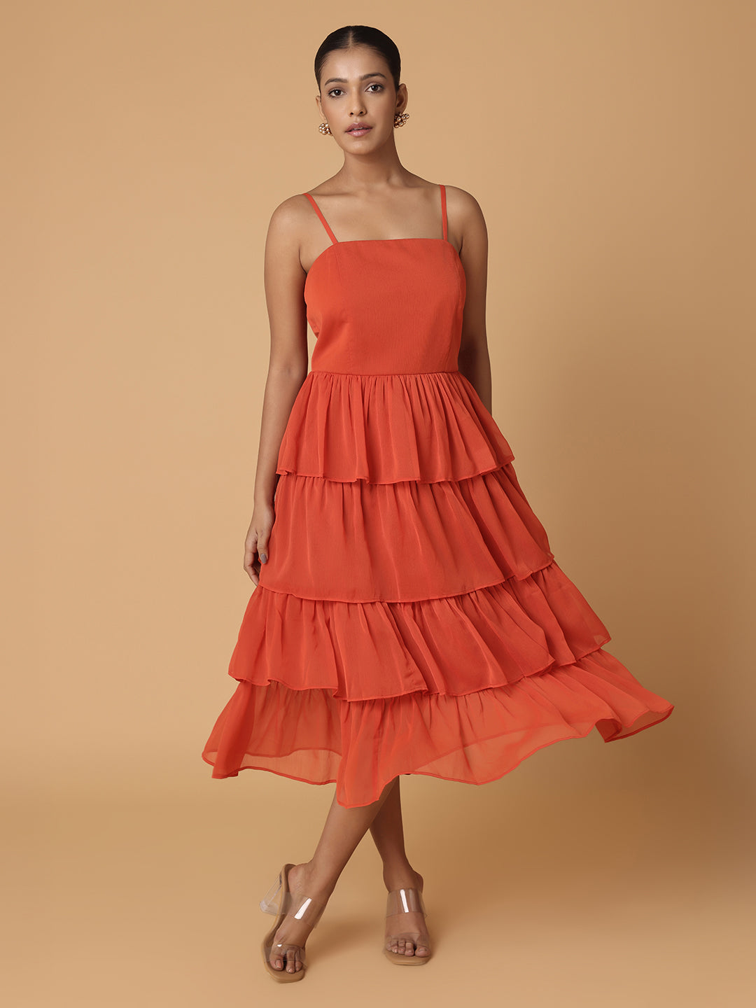 Burnt Orange Tiered Dress With Cape