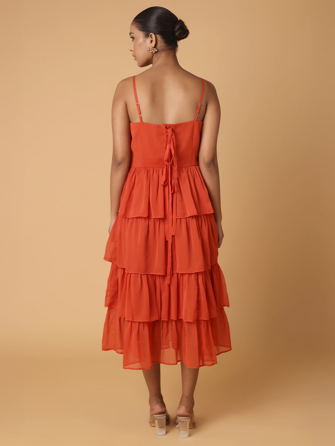 Burnt Orange Tiered Dress With Cape