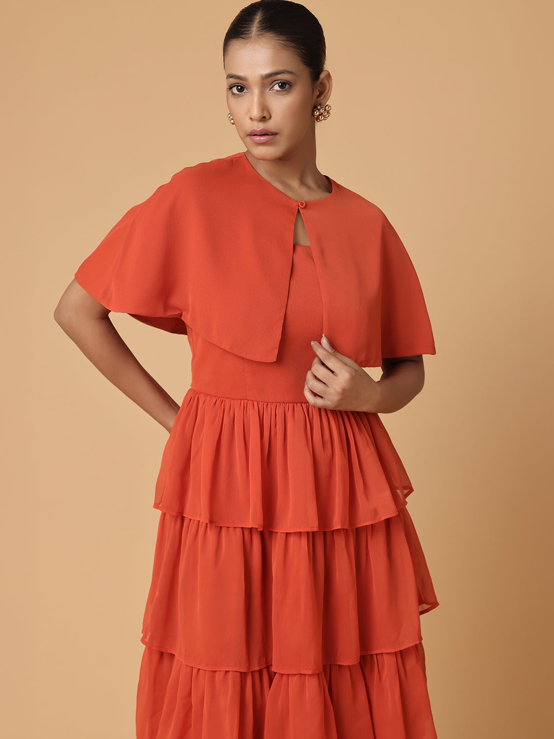 Burnt Orange Tiered Dress With Cape