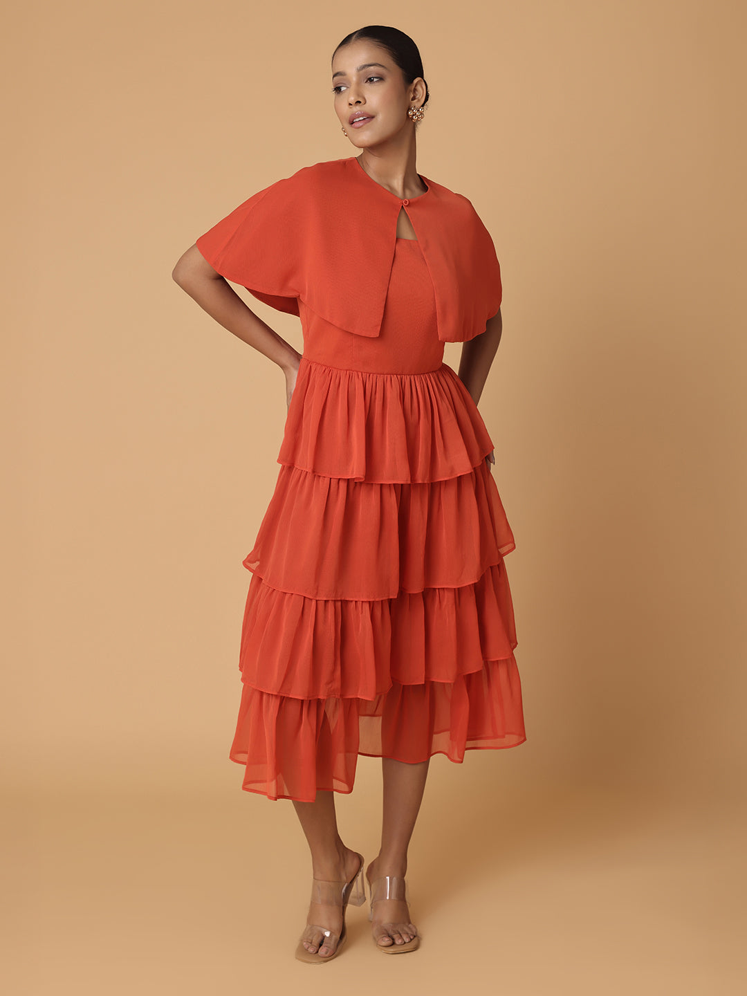 Burnt Orange Tiered Dress With Cape