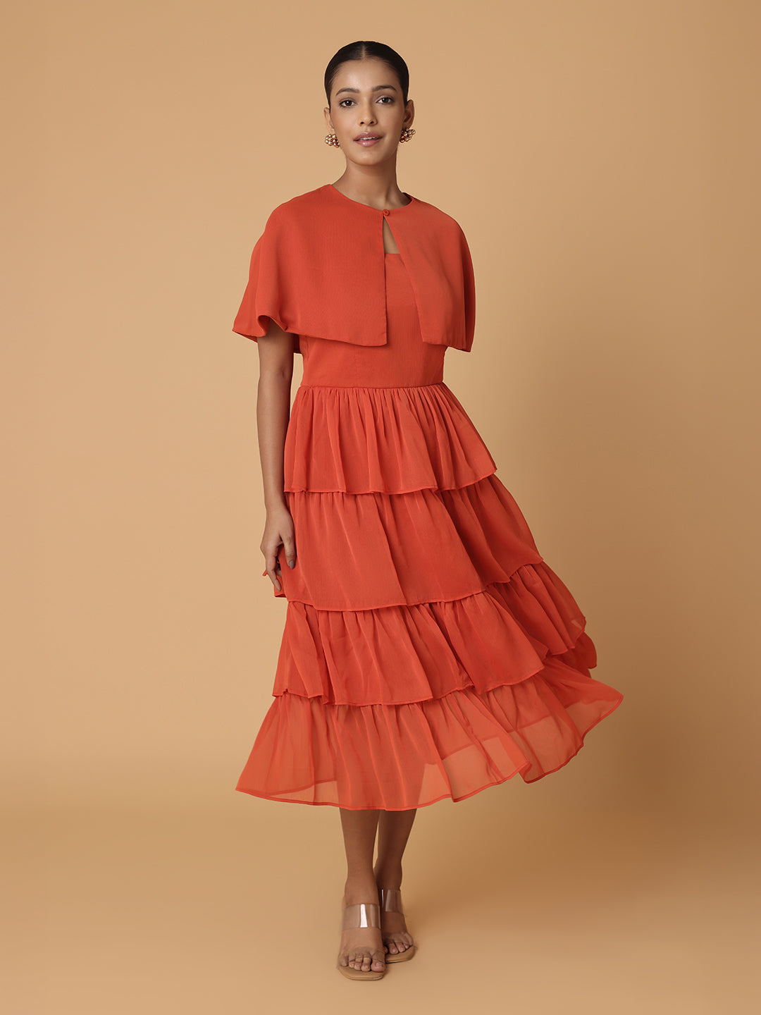 Burnt Orange Tiered Dress With Cape