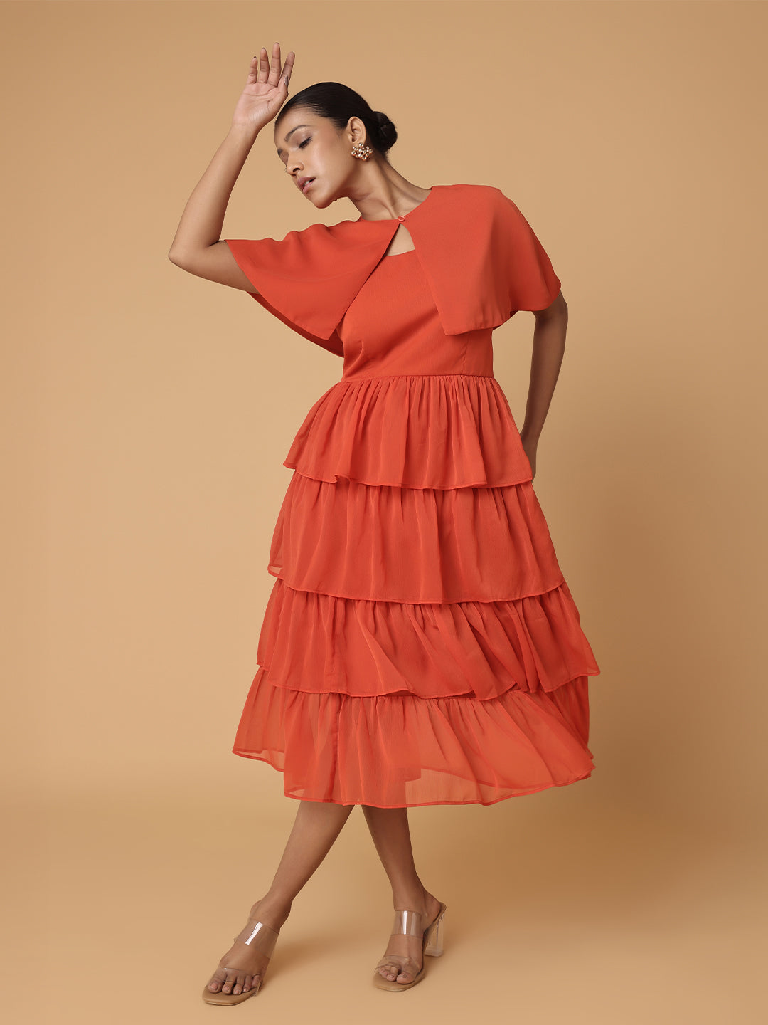 Burnt Orange Tiered Dress With Cape
