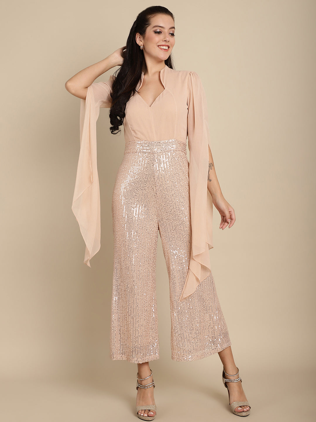 Blanc9 CAPE SLEEVES SEQUINNED JUMPSUIT