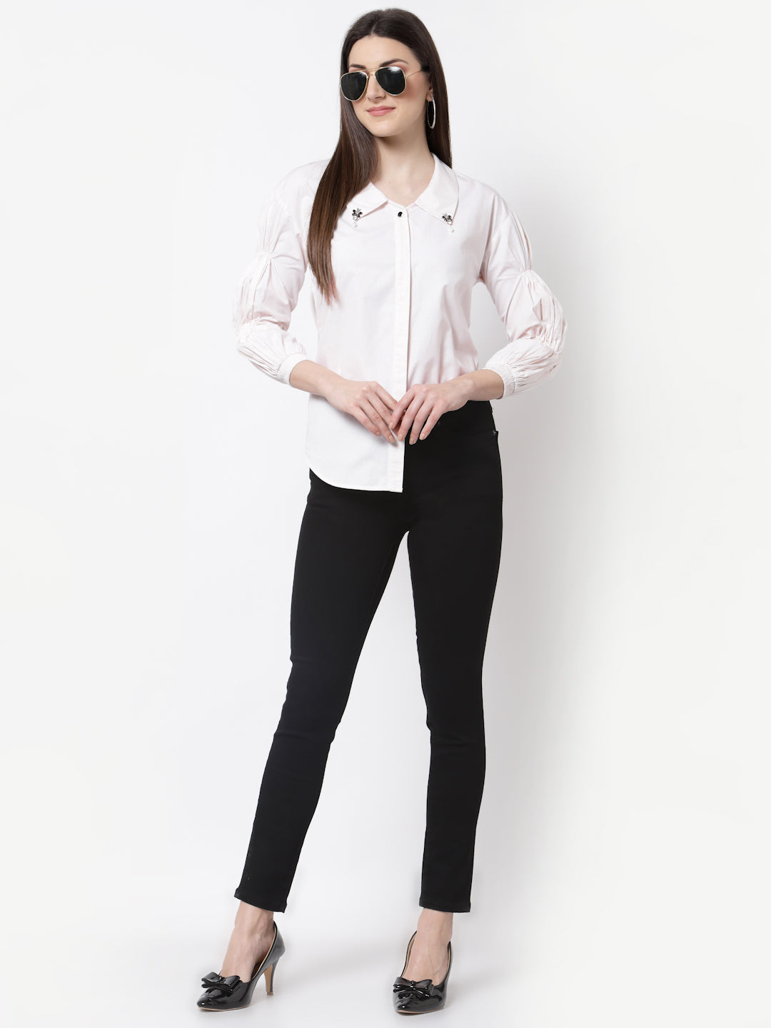 Blanc9 Collar Embellished Off White Shirt-B9TP145