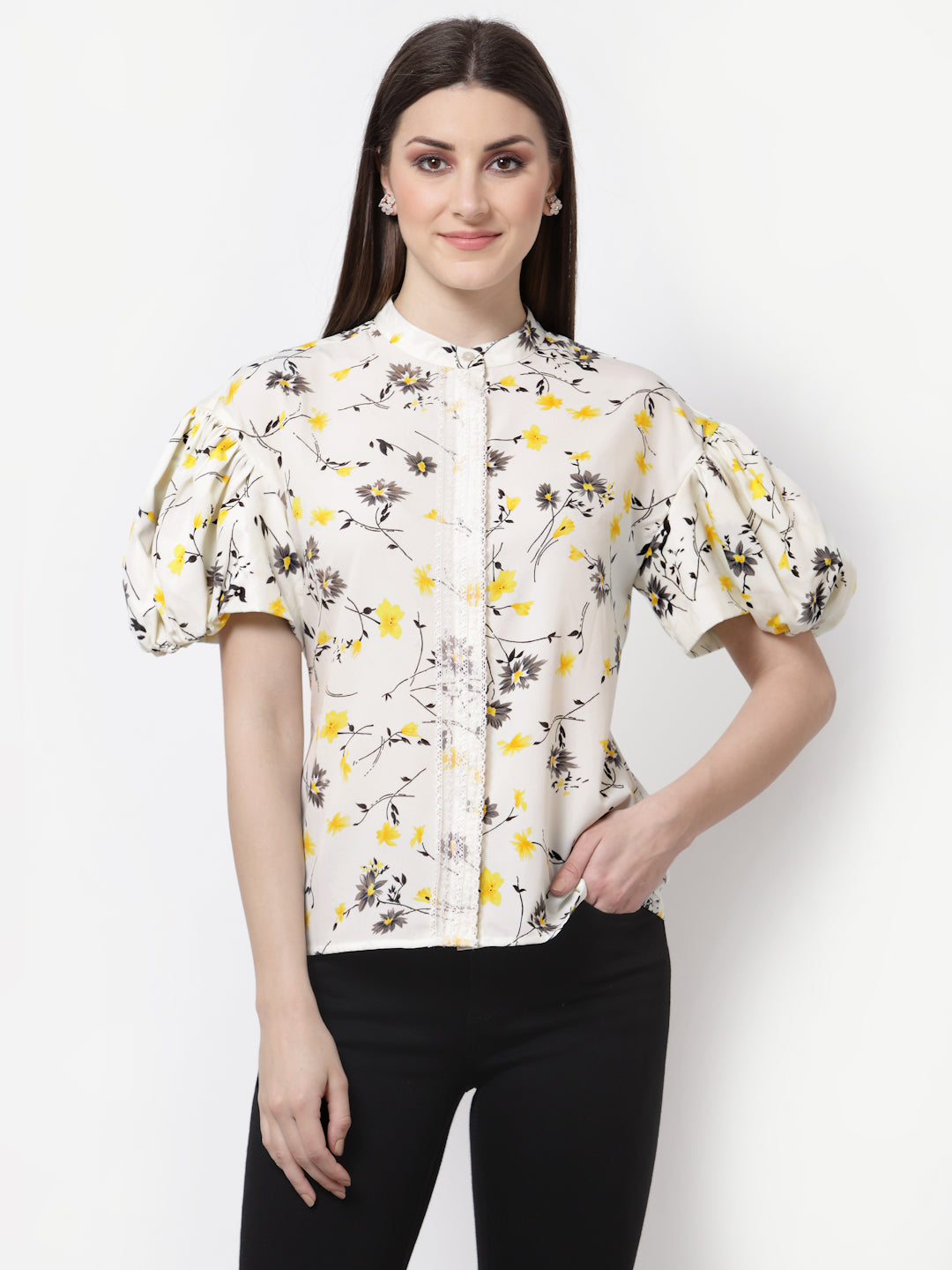 Blanc9 Collar Embellished Off White Shirt-B9TP68