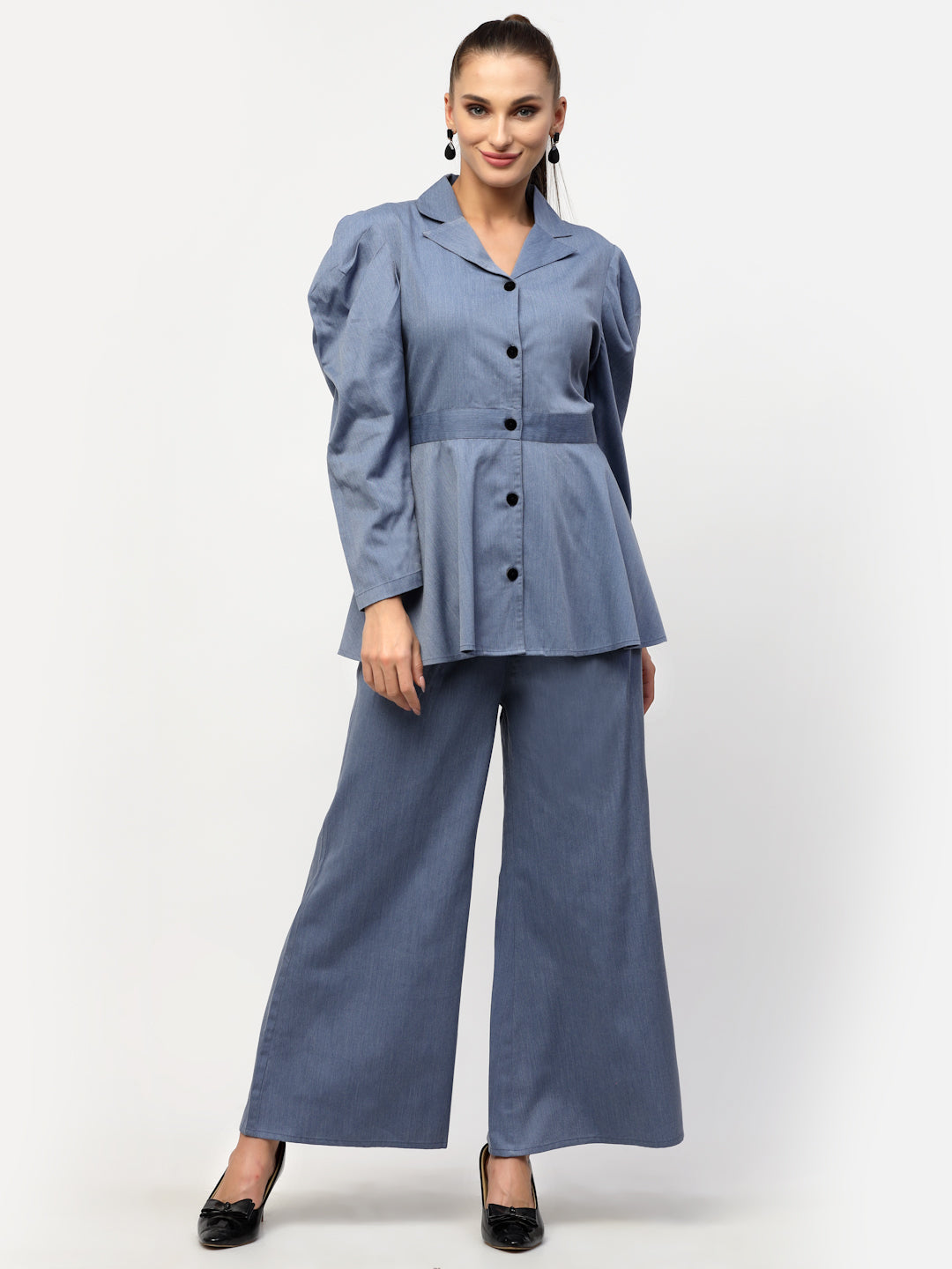 Blanc9 Denim Peplum Top With Trouser Co-Ord Set-B9ST91