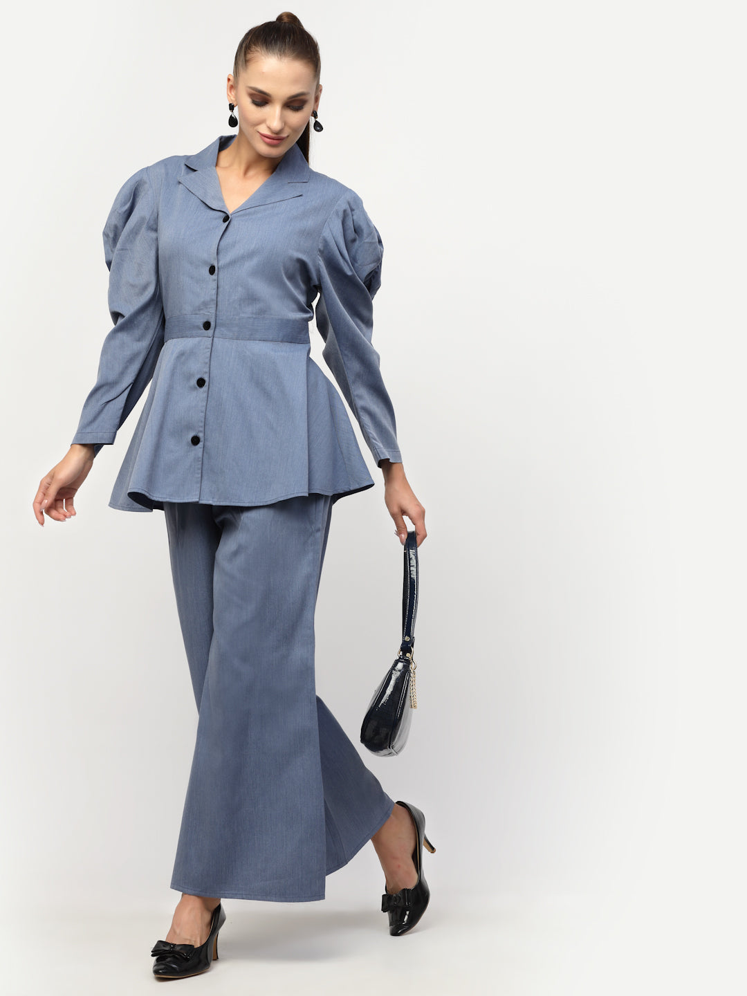 Denim Peplum Top With Trouser Co-Ord Set1