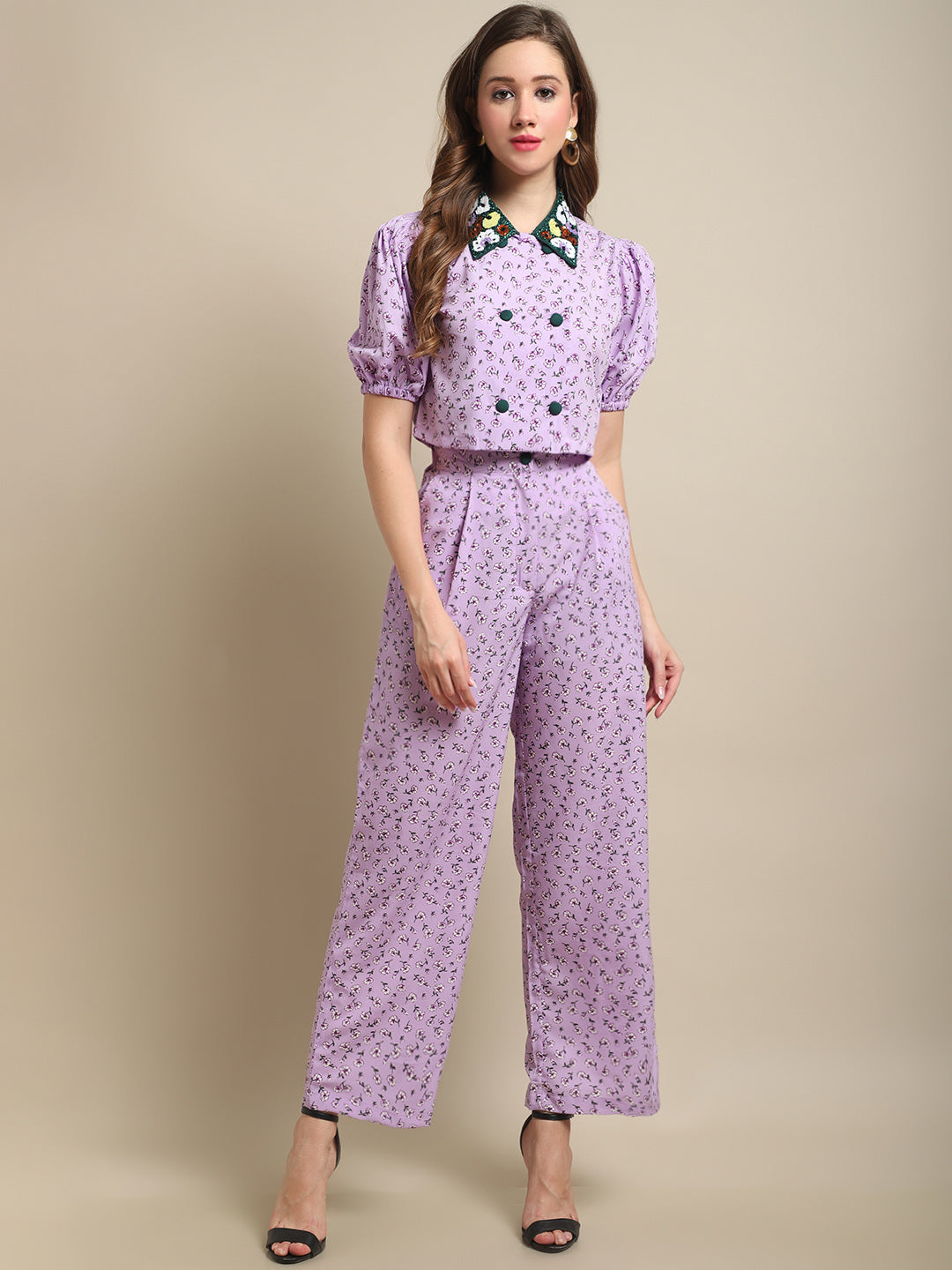 Blanc9 Embellished Collar Top With Purple Printed Co-Ord Set