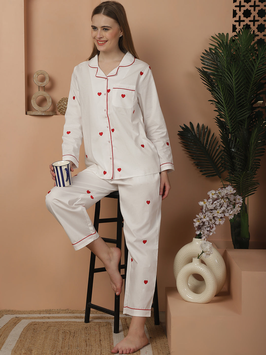 Blanc9EmbroideredHeartPyjamaNightwearSet-B9NW07