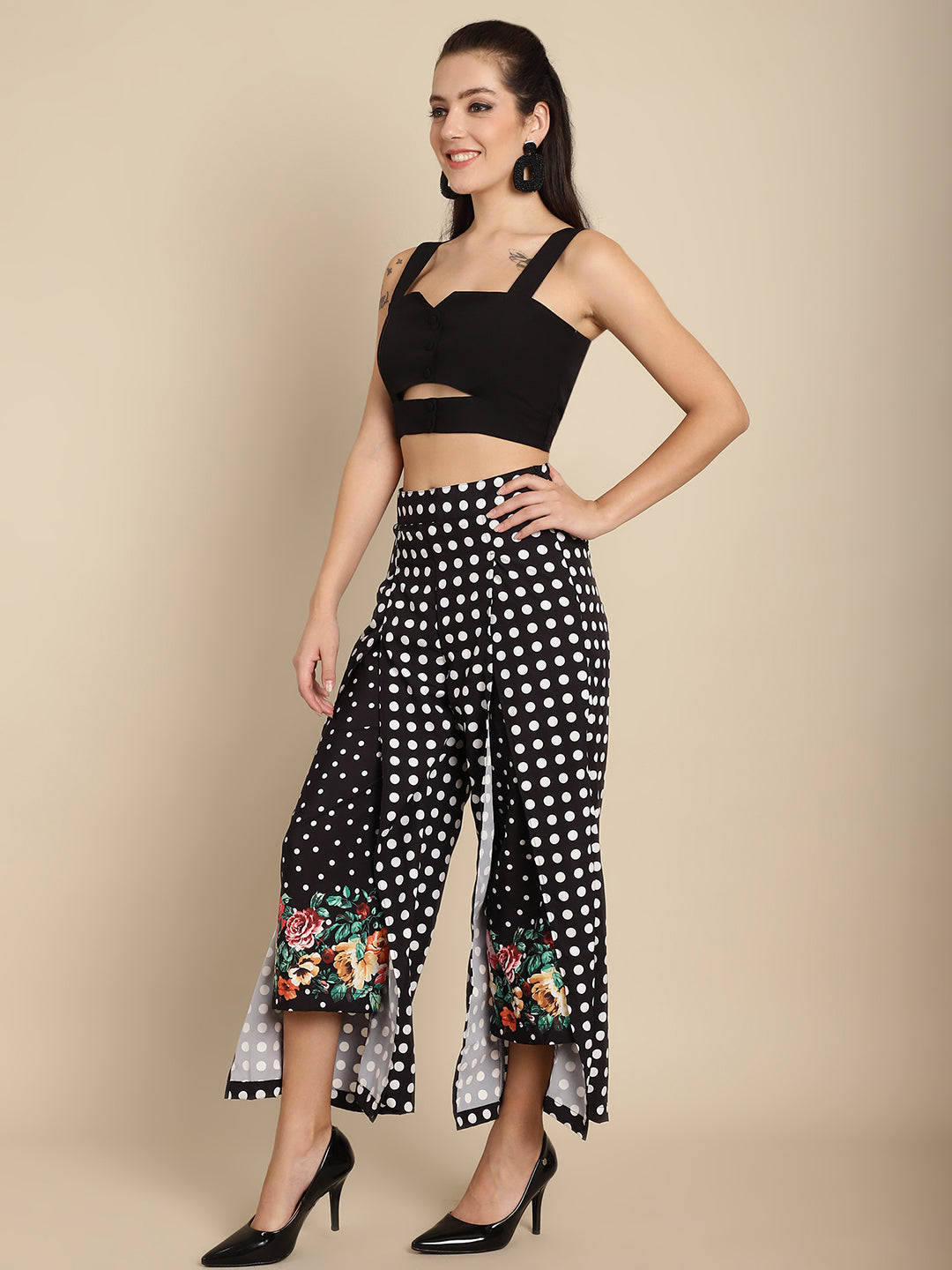 Blanc9 Floral Dot Printed Trouser With Cut-Out Crop Top-B9ST142