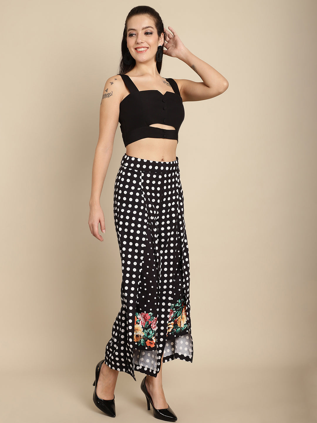 Blanc9 Floral Dot Printed Trouser With Cut-Out Crop Top-B9ST142