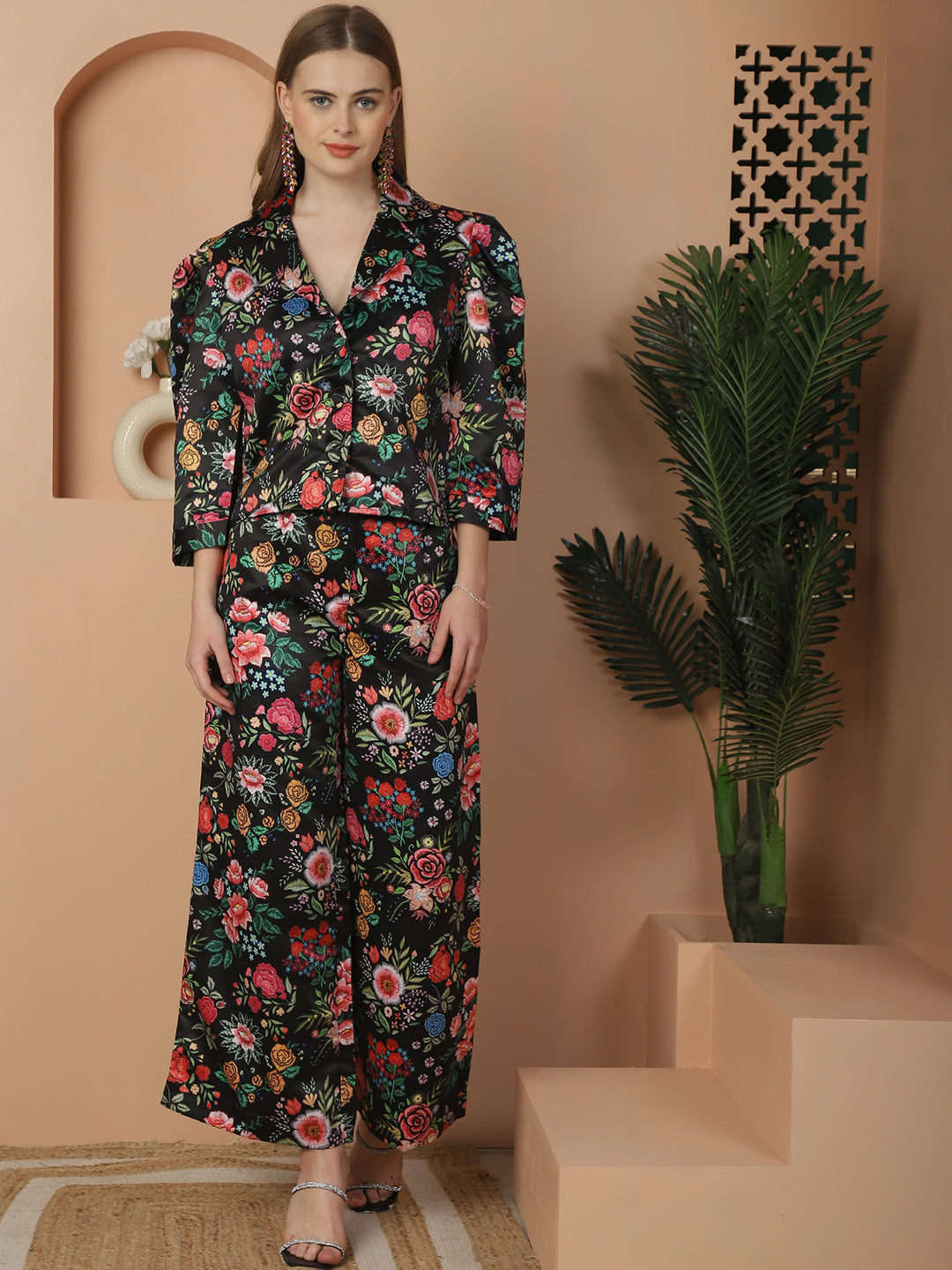 Blanc9 Floral Printed Black Cotton Satin Top With Pants Co-Ord Set