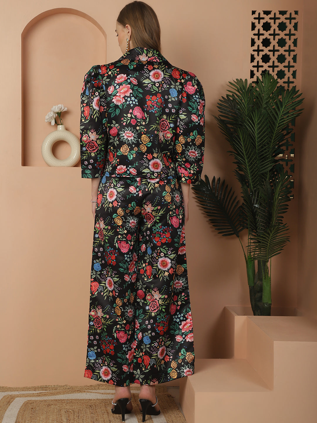 Blanc9 Floral Printed Black Cotton Satin Top With Pants Co-Ord Set
