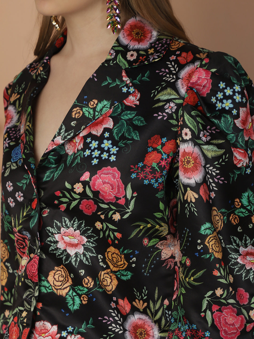 Blanc9 Floral Printed Black Cotton Satin Top With Pants Co-Ord Set
