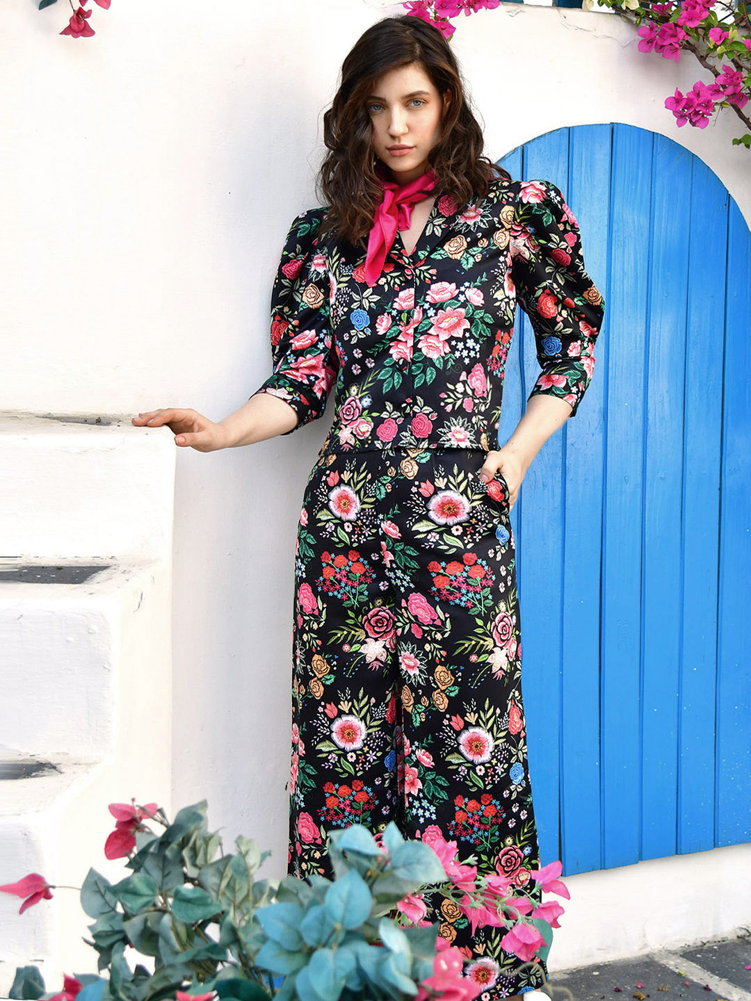 Blanc9 Floral Printed Black Cotton Satin Top With Pants Co-Ord Set