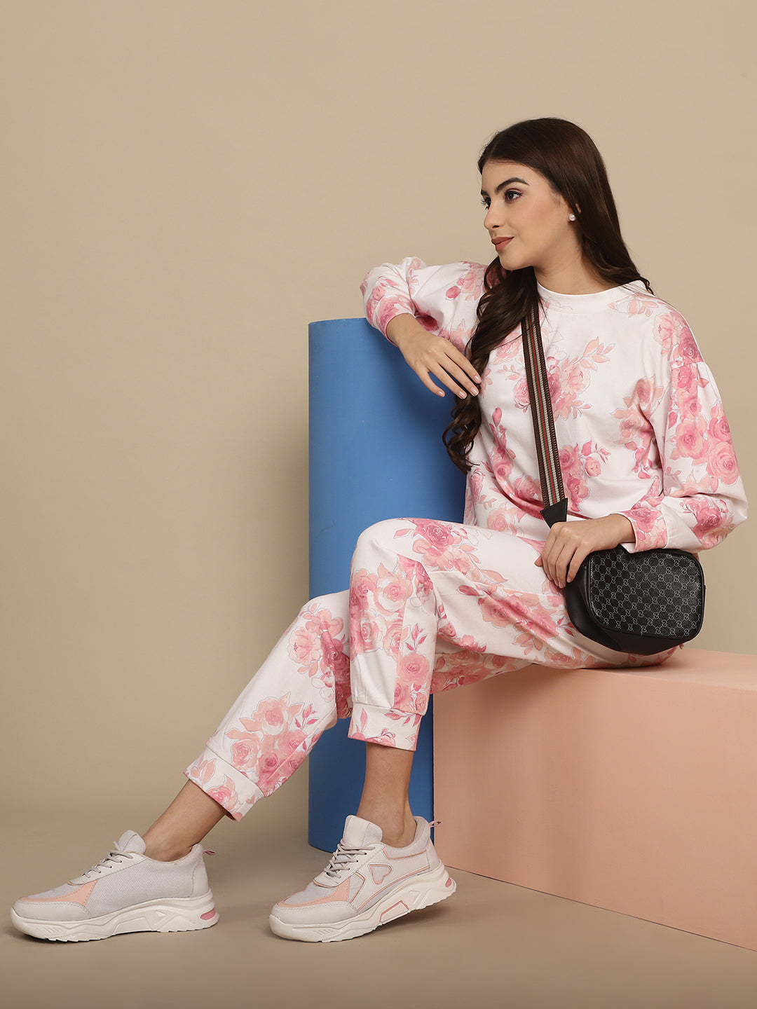 Blanc9 Floral Printed Embellished Sweatshirt Jogger Set -B9ST146