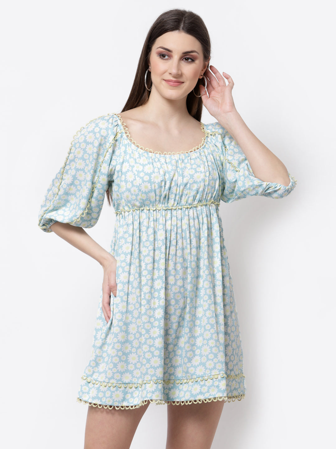 Blanc9 Floral Printed Light Blue Lace Dress-B9DR64A