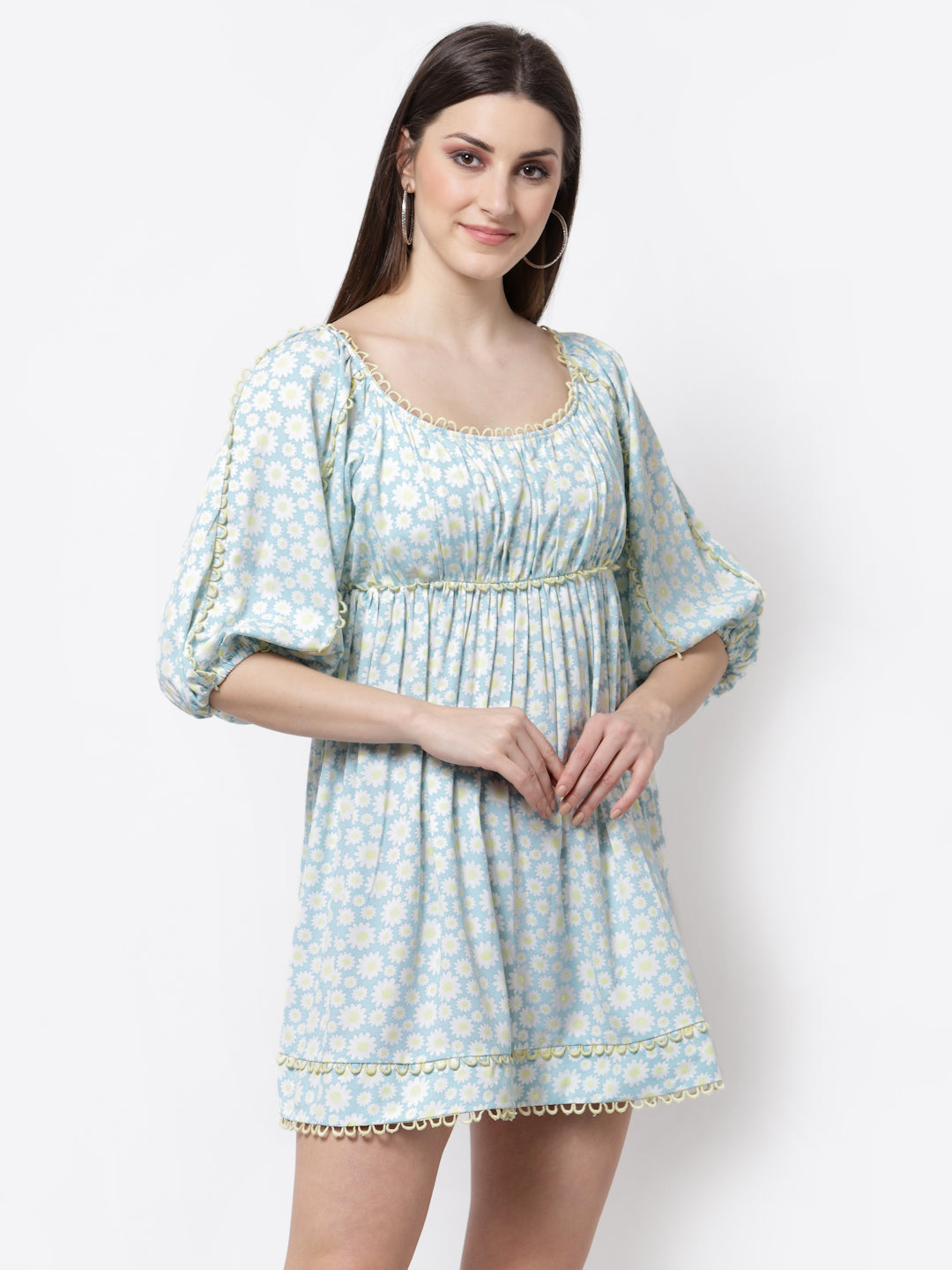 Blanc9 Floral Printed Light Blue Lace Dress-B9DR64A