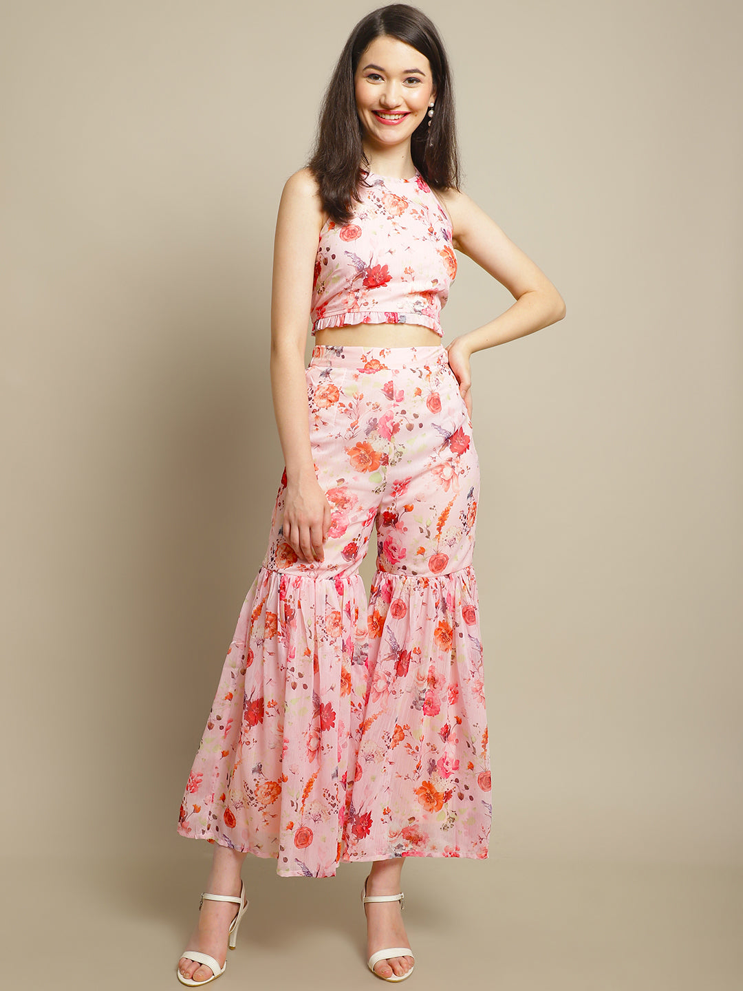 Blanc9 Floral Printed Pink Sharara With Crop Top-B9ST96