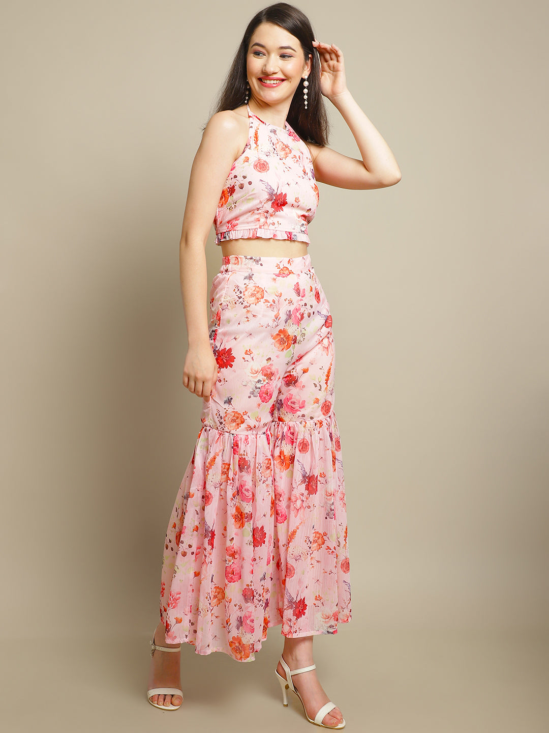 Blanc9 Floral Printed Pink Sharara With Crop Top-B9ST96