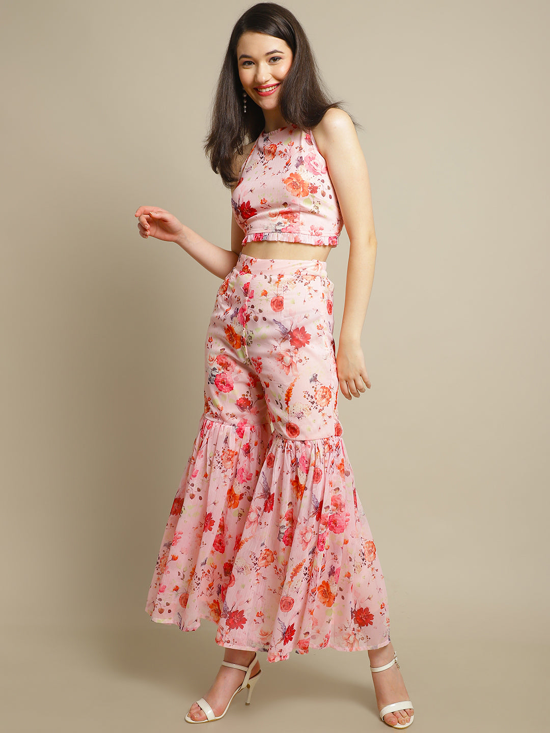 Blanc9 Floral Printed Pink Sharara With Crop Top-B9ST96