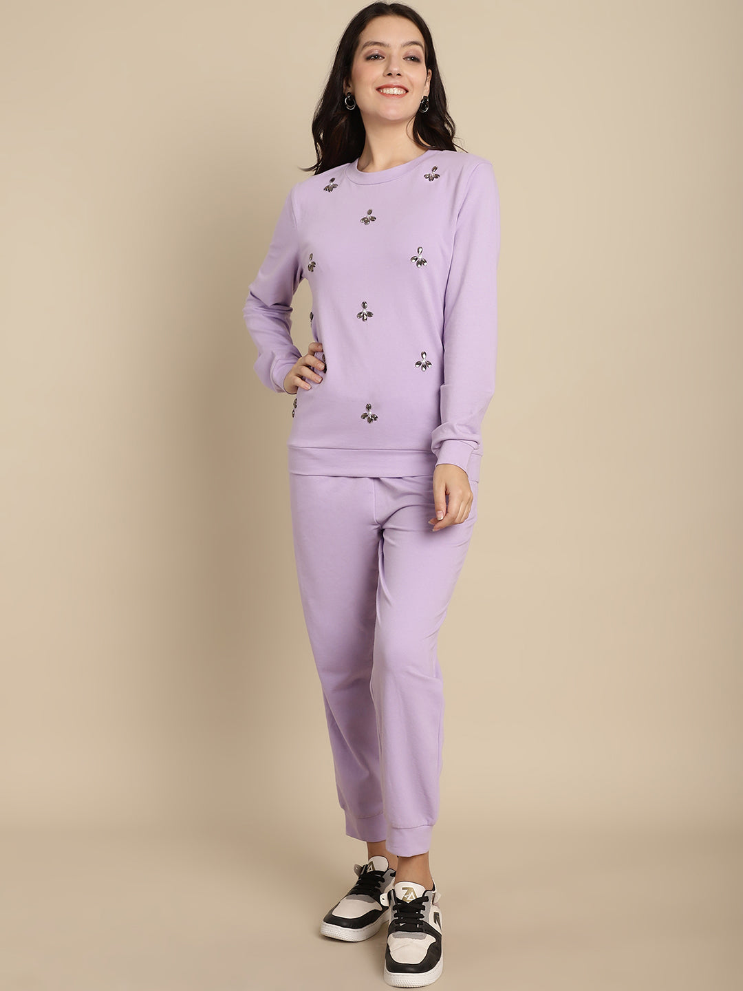 Blanc9 Floral Stone Work Sweatshirt With Jogger Set