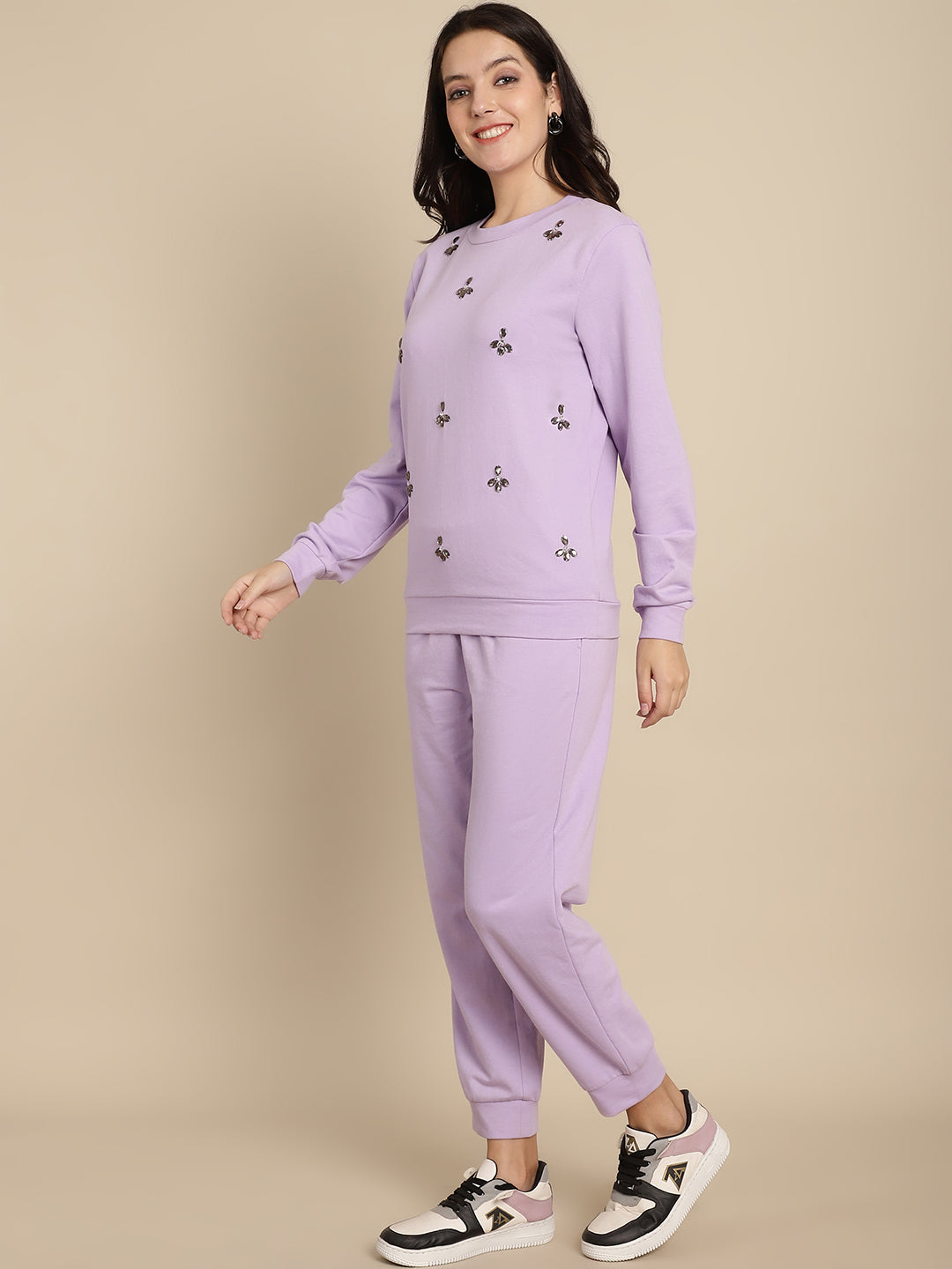 Blanc9 Floral Stone Work Sweatshirt With Jogger Set
