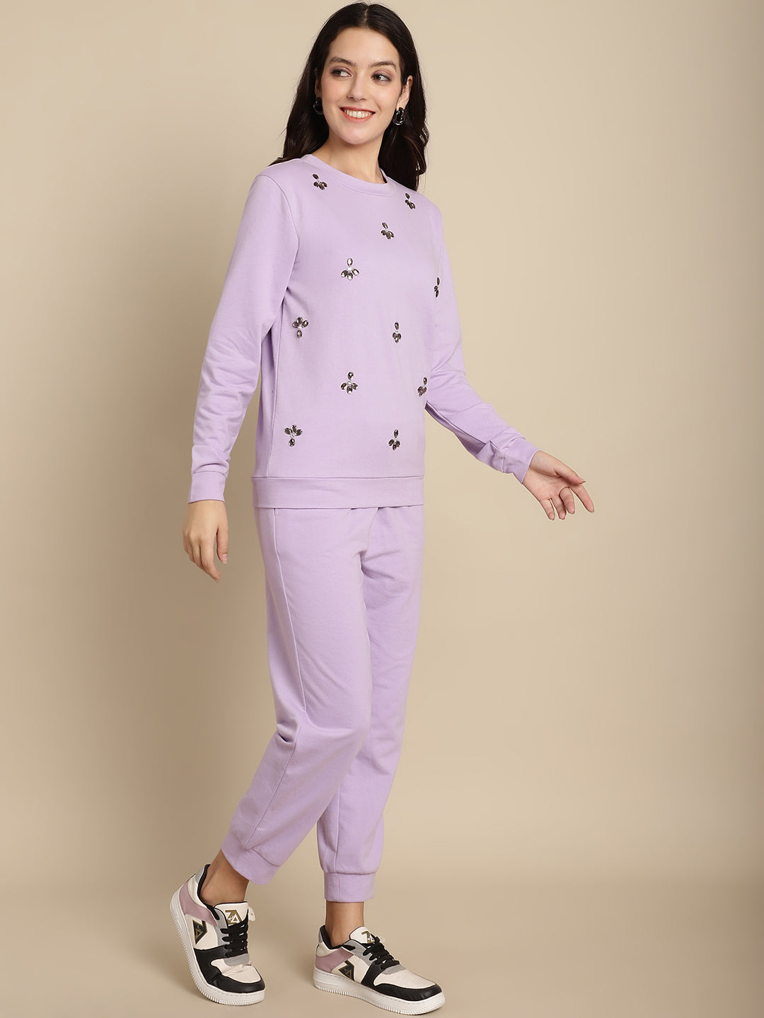 Blanc9 Floral Stone Work Sweatshirt With Jogger Set
