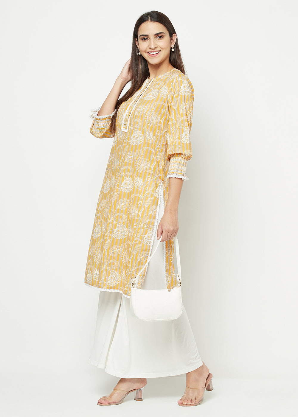 Blanc9 Floral and Stripes Smocking Kurti-B9EW32M