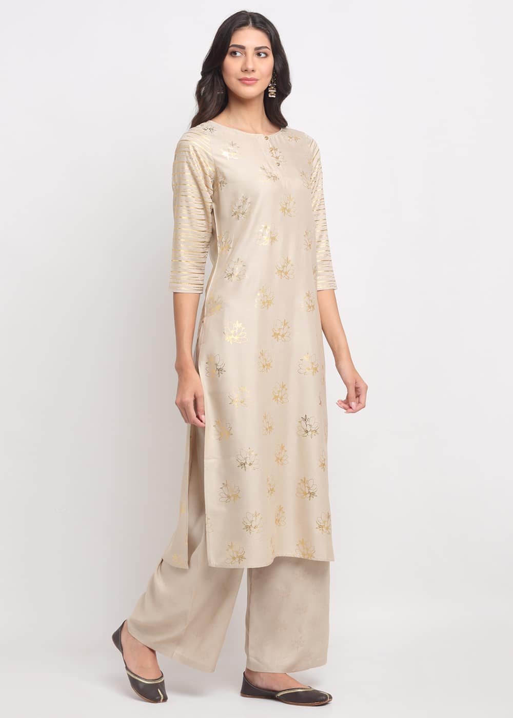 Blanc9 Foil Floral Striped Kurti-B9FV08B