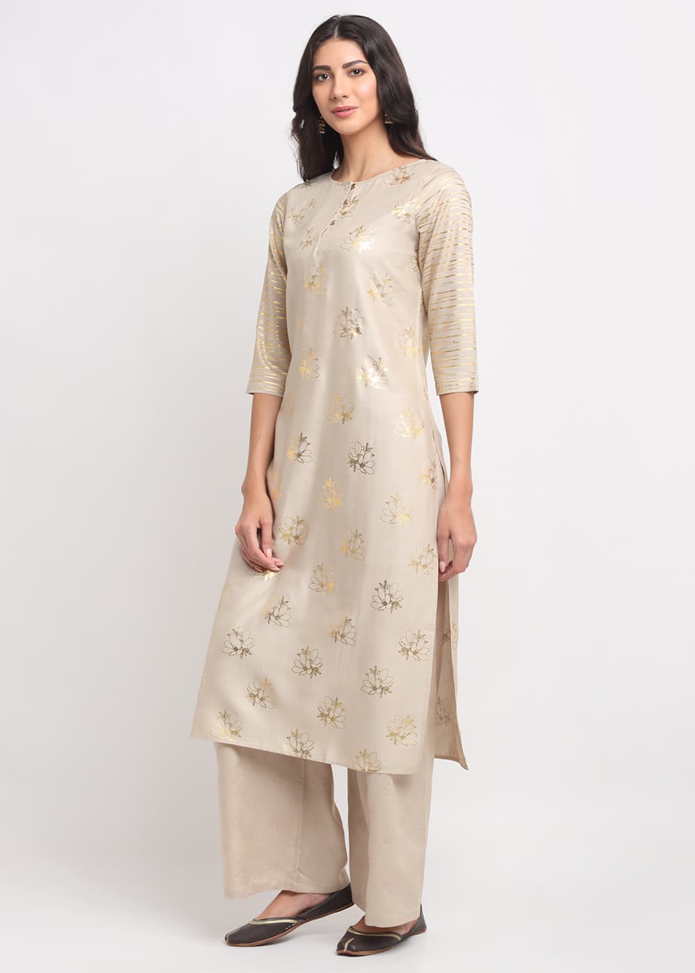 Blanc9 Foil Floral Striped Kurti-B9FV08B