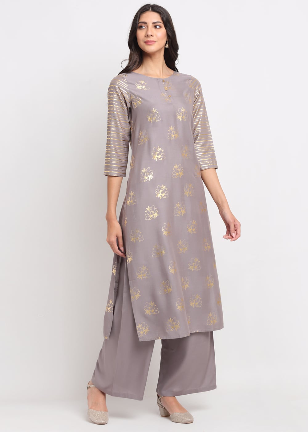 Blanc9 Foil Floral Striped Kurti-B9FV08G