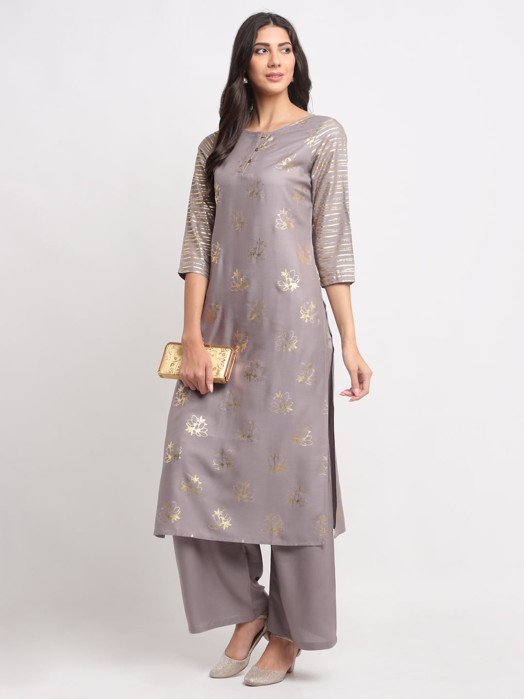 Blanc9 Foil Floral Striped Kurti-B9FV08G