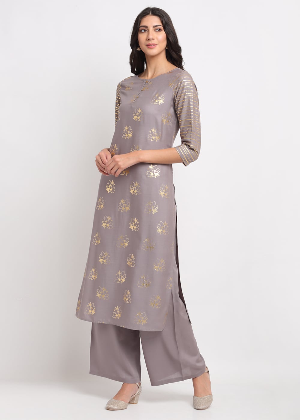 Blanc9 Foil Floral Striped Kurti-B9FV08G