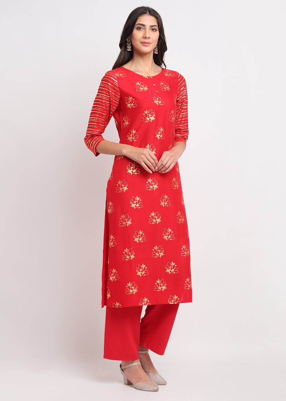 Blanc9 Foil Floral Striped Kurti-B9FV08R