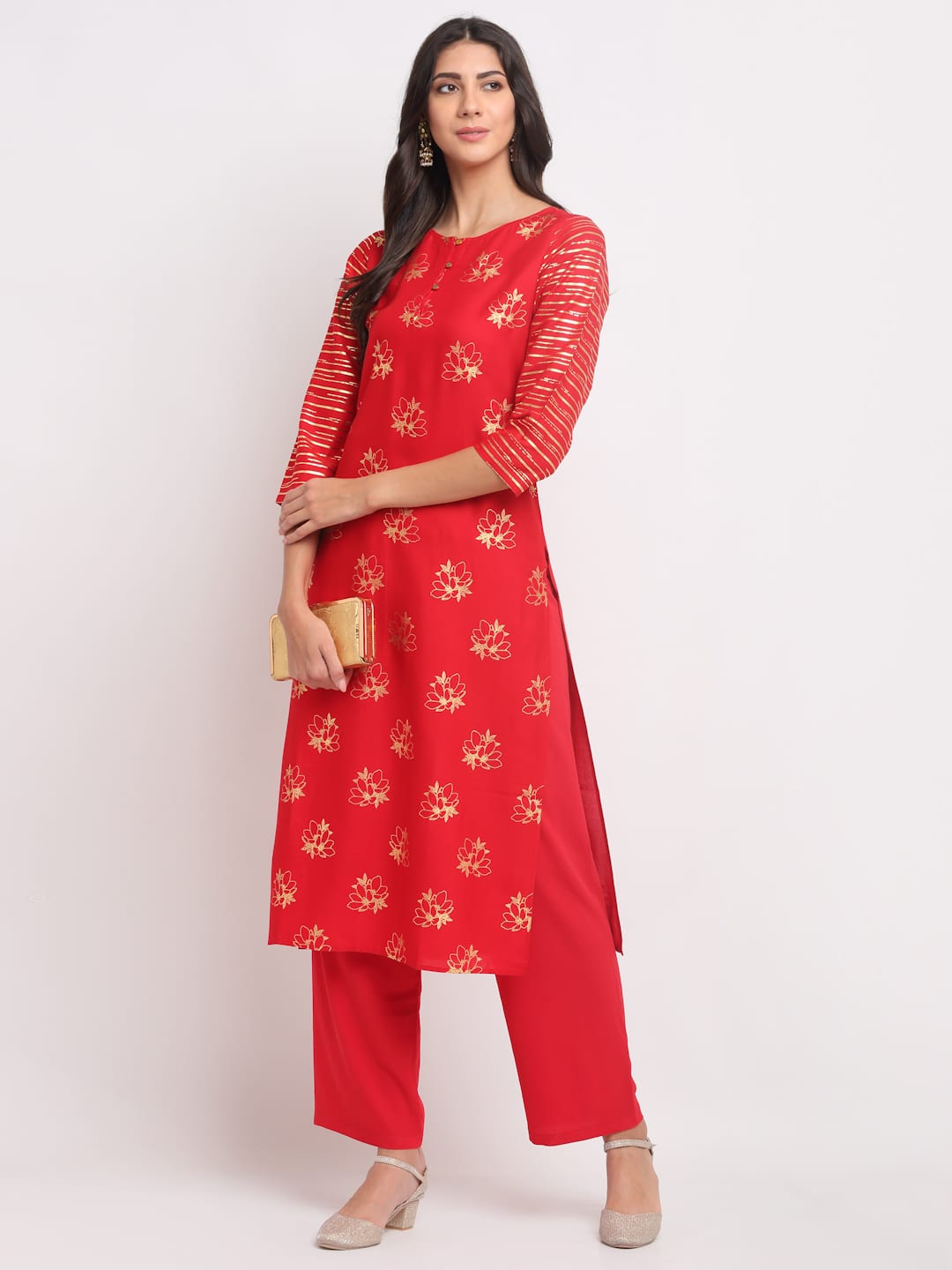 Blanc9 Foil Floral Striped Kurti-B9FV08R