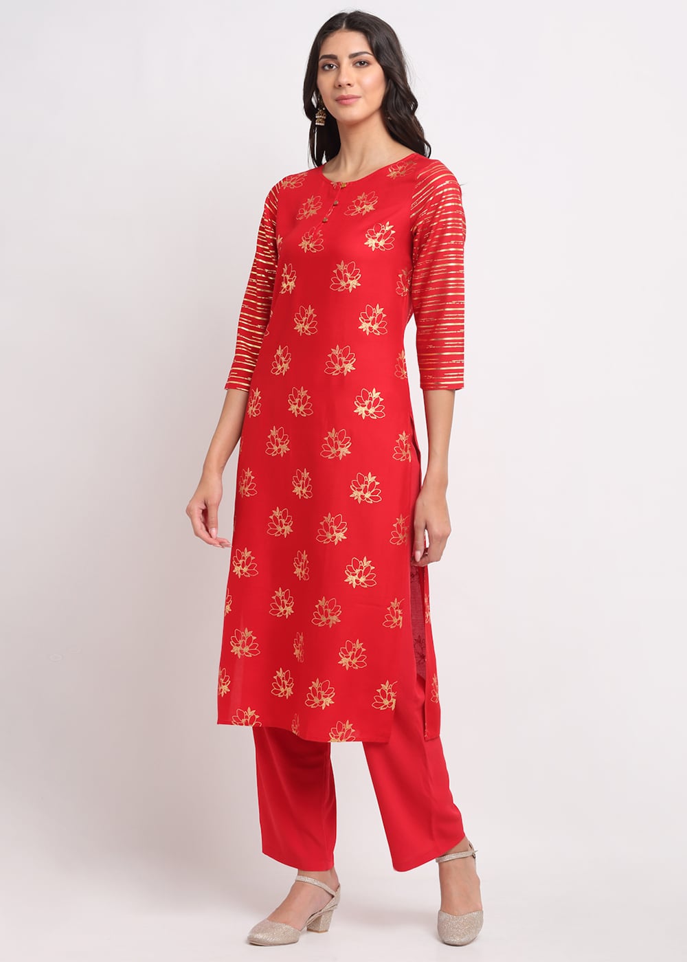 Blanc9 Foil Floral Striped Kurti-B9FV08R