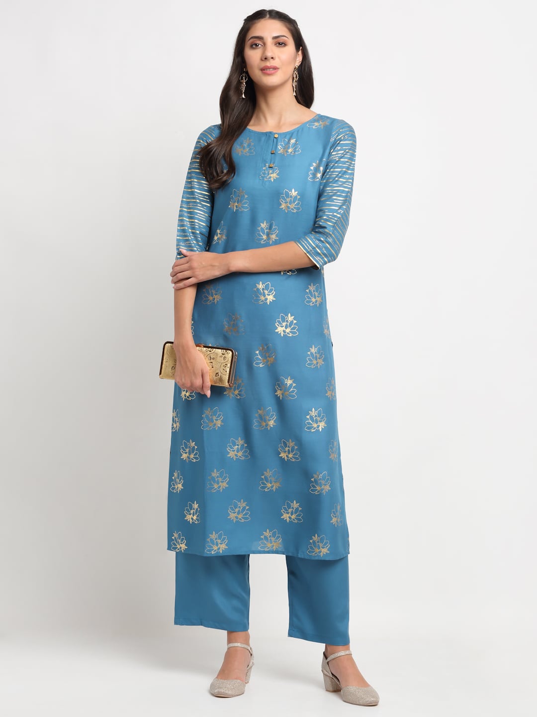 Blanc9 Foil Floral Striped Kurti-B9FV08T
