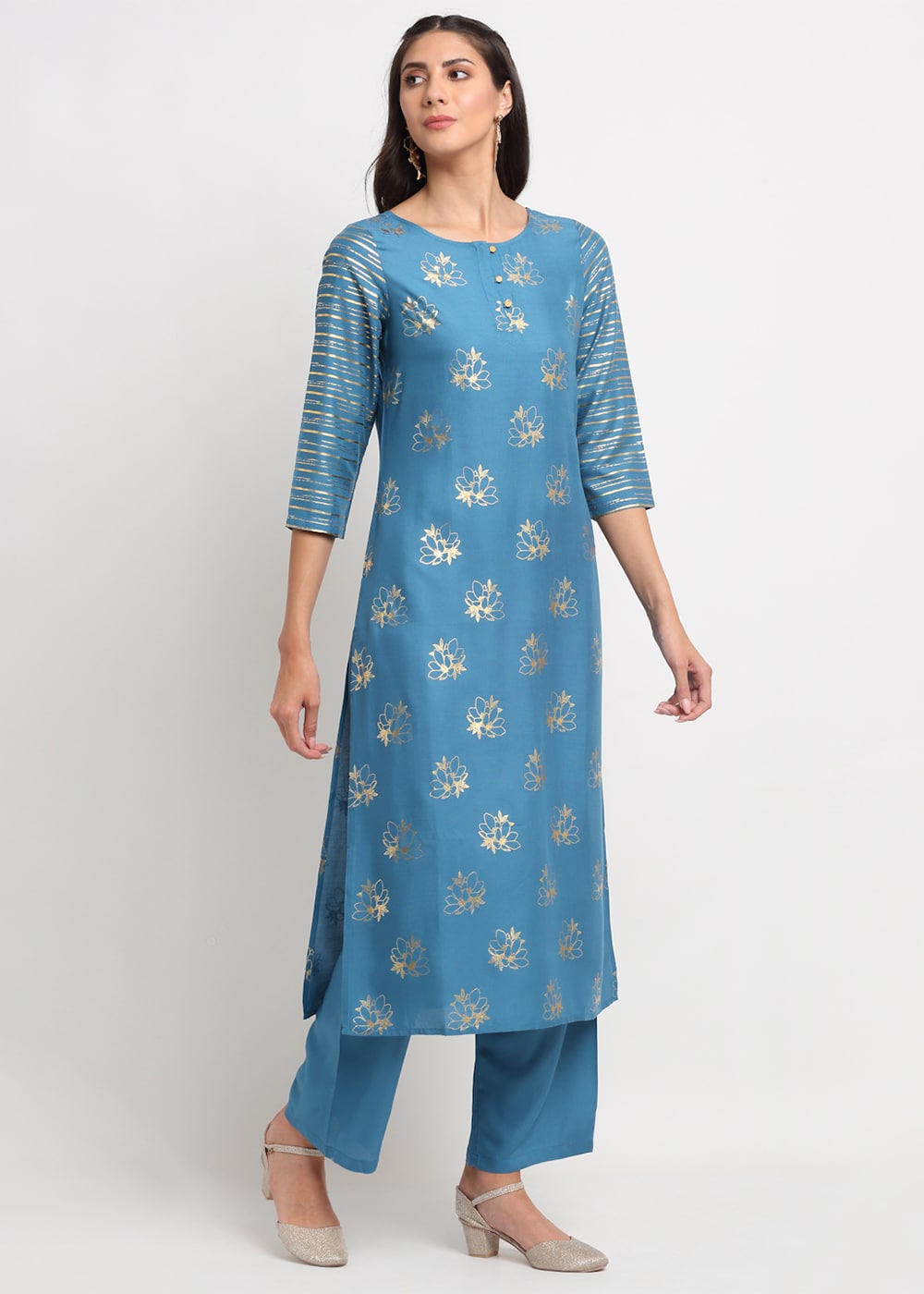 Blanc9 Foil Floral Striped Kurti-B9FV08T