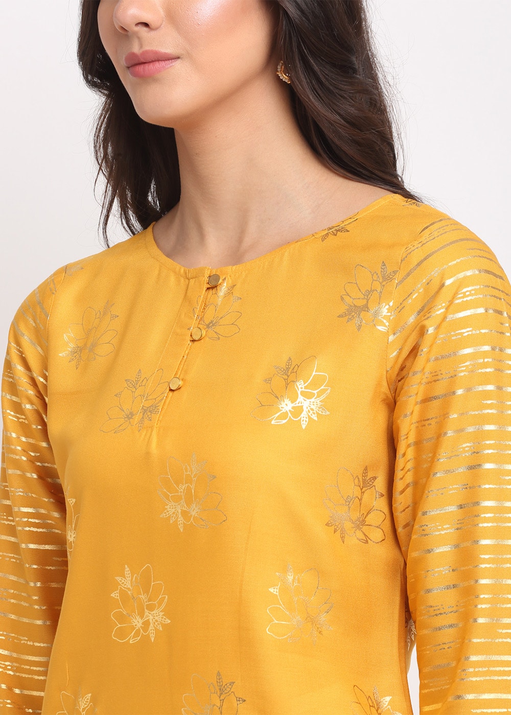 Blanc9 Foil Floral Striped Kurti-B9FV08Y