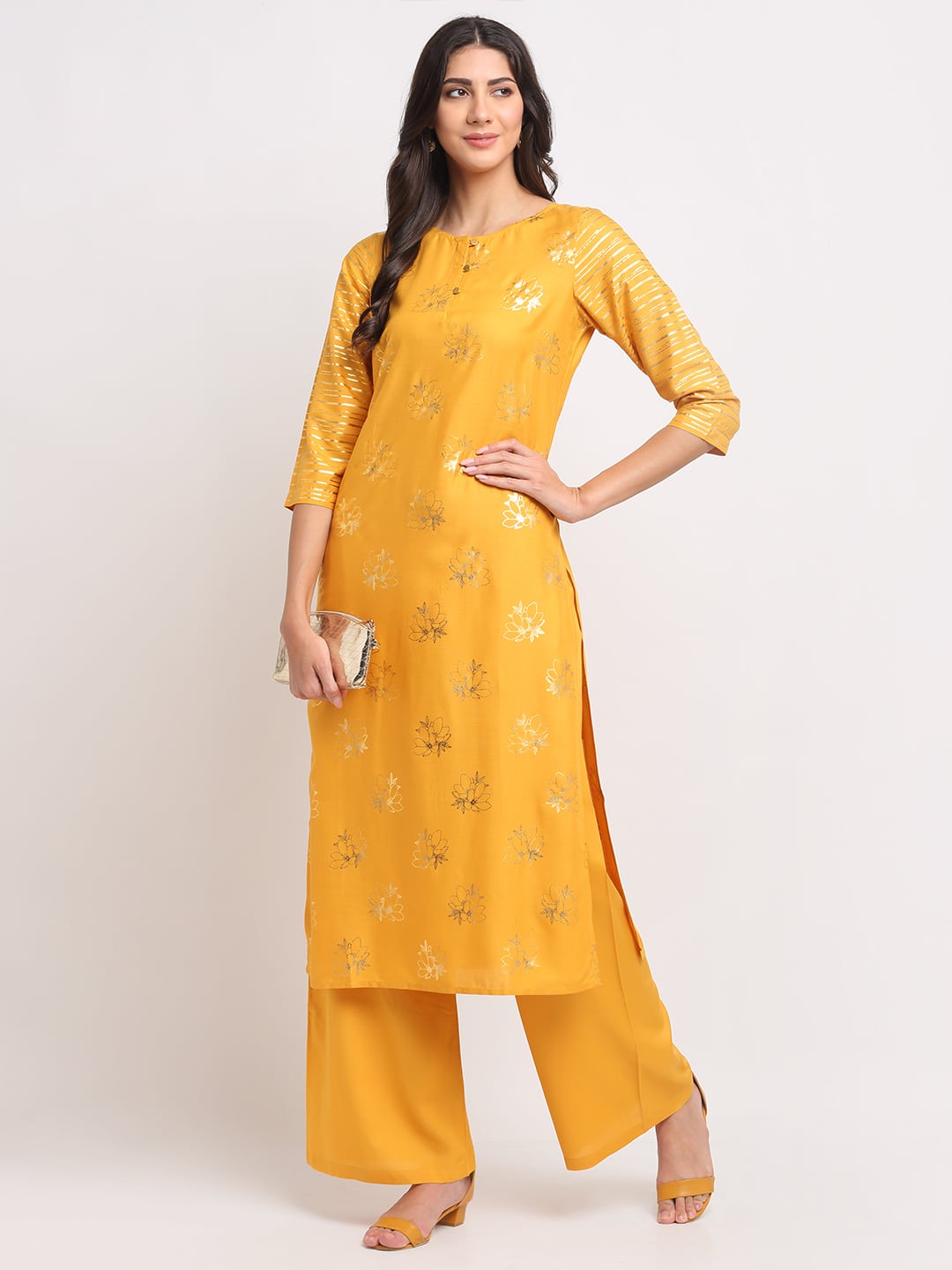 Blanc9 Foil Floral Striped Kurti-B9FV08Y