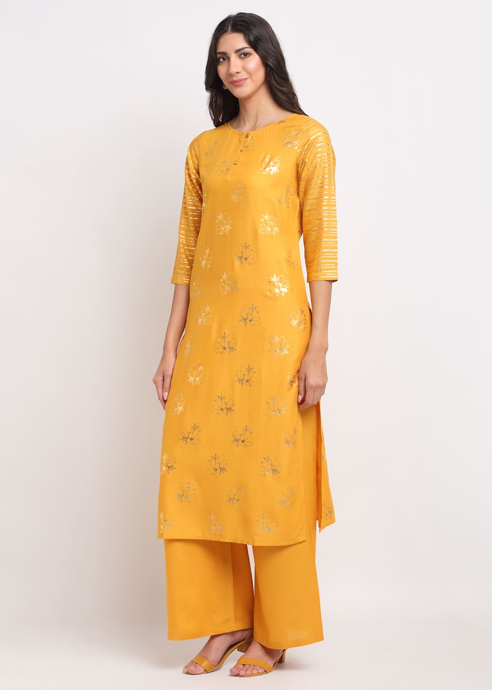 Blanc9 Foil Floral Striped Kurti-B9FV08Y
