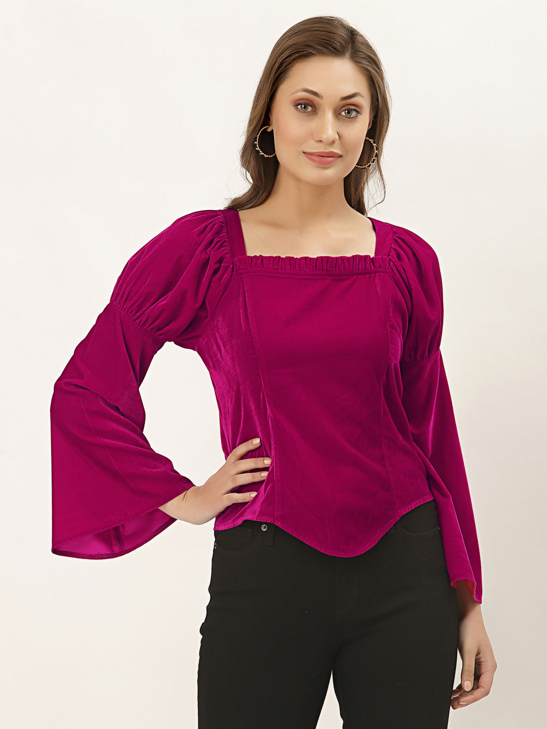 Blanc9 Fuchsia Belle Sleeve Velvet Top-B9TP100B