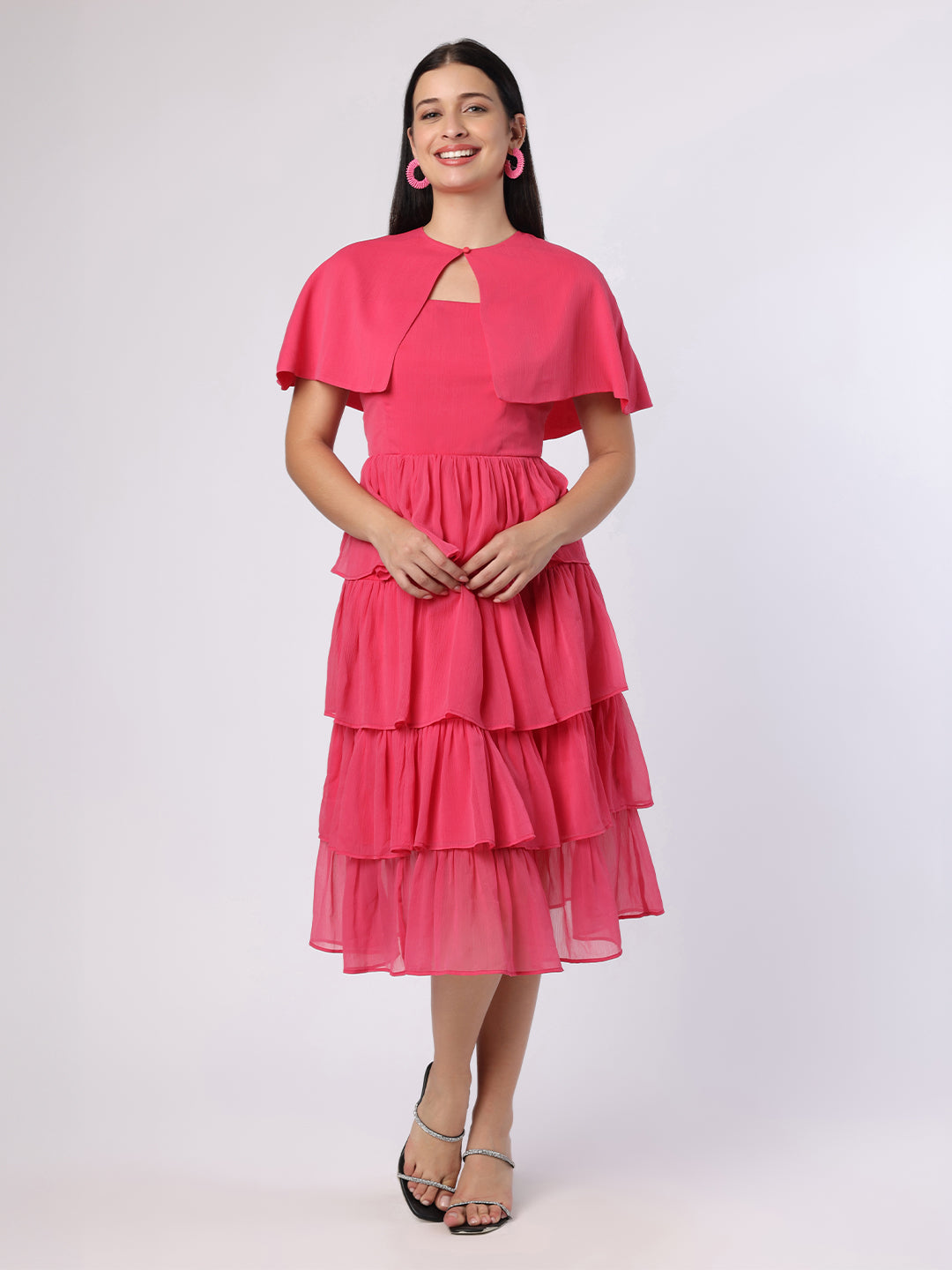 Blanc9 Fuchsia Pink Tiered Dress With Cape